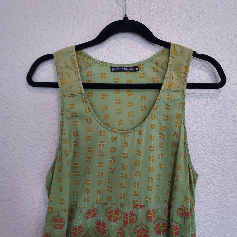 Gudrun Sjoden Moss Green Orange Floral Boho Sleeveless Scoop Neck Dress Size M - Picture 3 of 9